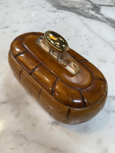 Vintage Mid Century Carved Wood Trinket Box with Lucite Brass Handle