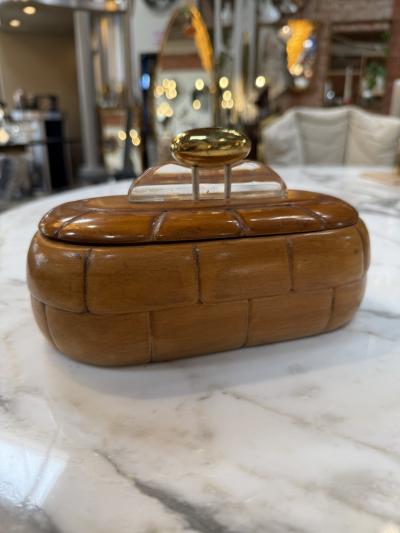 Vintage Mid Century Carved Wood Trinket Box with Lucite Brass Handle