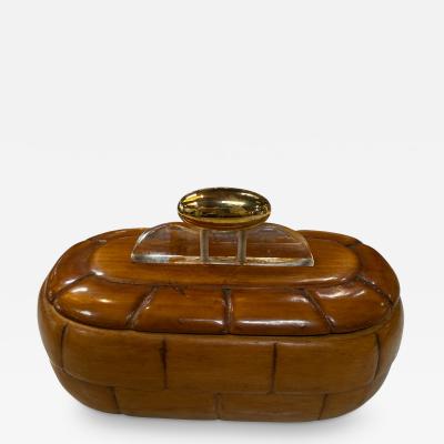 Vintage Mid Century Carved Wood Trinket Box with Lucite Brass Handle