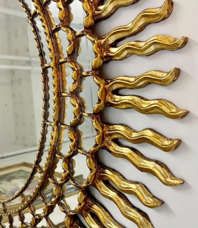 Vintage Mid Century Italian Gilt Gold Sunburst Wall Mirror Over the Mantle