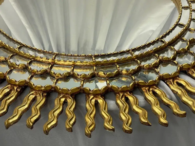 Vintage Mid Century Italian Gilt Gold Sunburst Wall Mirror Over the Mantle