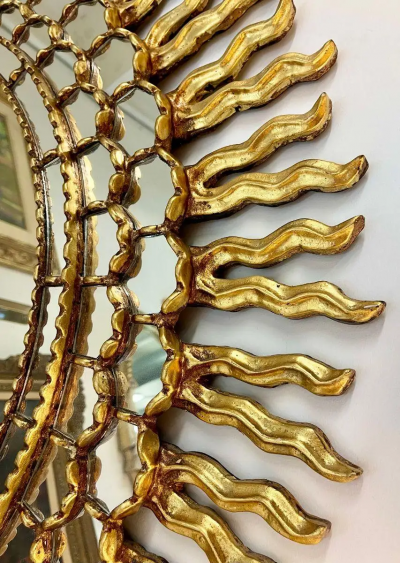 Vintage Mid Century Italian Gilt Gold Sunburst Wall Mirror Over the Mantle