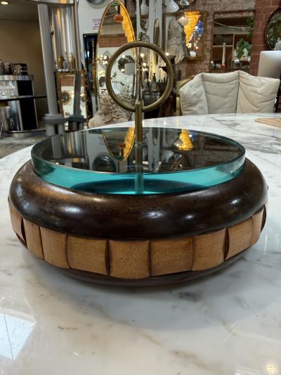 Vintage Mid Century Wooden Box with Glass Lid Brass Ring Handle
