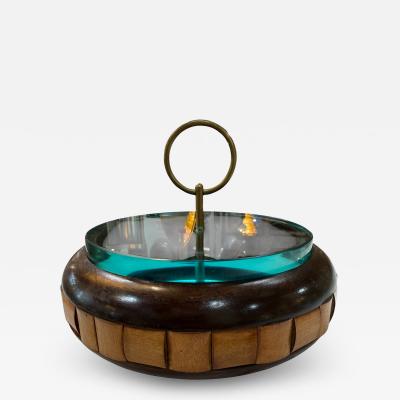 Vintage Mid Century Wooden Box with Glass Lid Brass Ring Handle