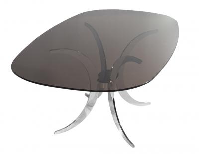 Vintage Modern Dining Table with Sculpted Metal Base Table and Smoked Glass Top