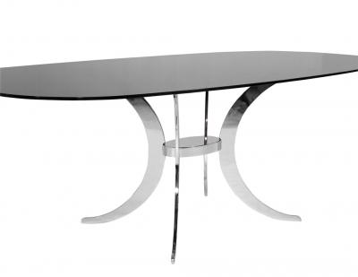 Vintage Modern Dining Table with Sculpted Metal Base Table and Smoked Glass Top
