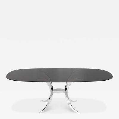 Vintage Modern Dining Table with Sculpted Metal Base Table and Smoked Glass Top