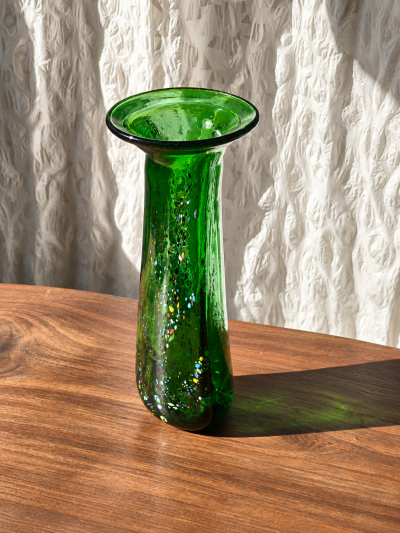 Vintage Modern Free Form Green Art Glass Vase Budveszel Gyula Hungary 1990s