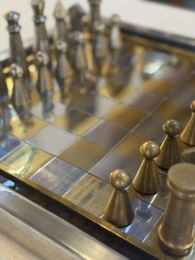 Vintage Modernist Brass Chrome Chess Set with Sculptural Pieces