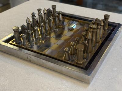 Vintage Modernist Brass Chrome Chess Set with Sculptural Pieces