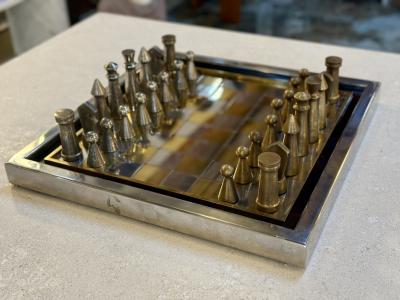 Vintage Modernist Brass Chrome Chess Set with Sculptural Pieces