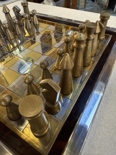 Vintage Modernist Brass Chrome Chess Set with Sculptural Pieces
