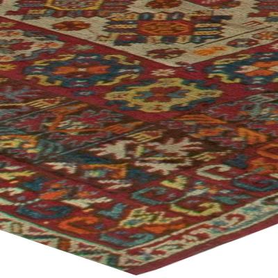 Vintage Moroccan Red Orange Blue and Yellow Handwoven Wool Rug