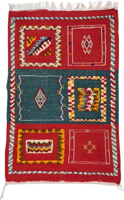 Vintage Moroccan Tribal Handmade Wool Blue and Red Small Rug or Carpet