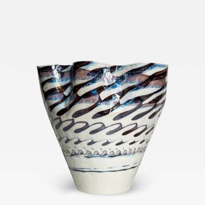 Vintage Murano white iridescent wavy decor vase