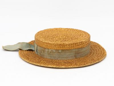 Vintage Natural Straw Pale Blue Ribbon Bow Boater Hat The Ridgemont Make 1930s