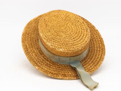 Vintage Natural Straw Pale Blue Ribbon Bow Boater Hat The Ridgemont Make 1930s