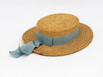 Vintage Natural Straw Pale Blue Ribbon Bow Boater Hat The Ridgemont Make 1930s