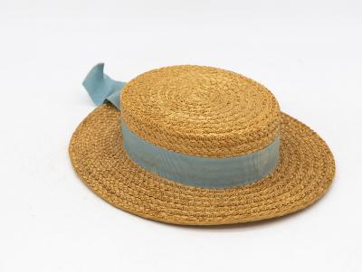 Vintage Natural Straw Pale Blue Ribbon Bow Boater Hat The Ridgemont Make 1930s