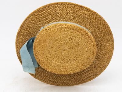 Vintage Natural Straw Pale Blue Ribbon Bow Boater Hat The Ridgemont Make 1930s