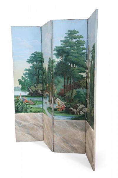 Vintage Neo Classic Style Painted Pastoral Scene Four Panel Folding Screen