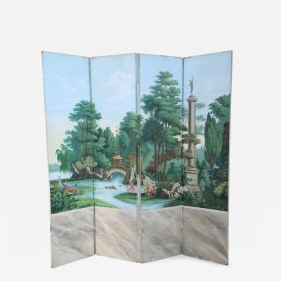 Vintage Neo Classic Style Painted Pastoral Scene Four Panel Folding Screen