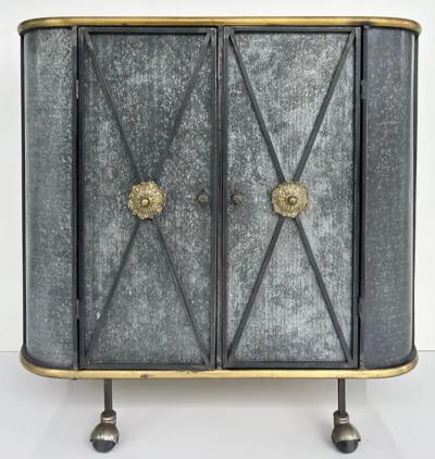 Vintage Neo classical Iron Brass Metal 2 door Cabinet or Dry Bar Glass Top
