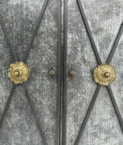 Vintage Neo classical Iron Brass Metal 2 door Cabinet or Dry Bar Glass Top