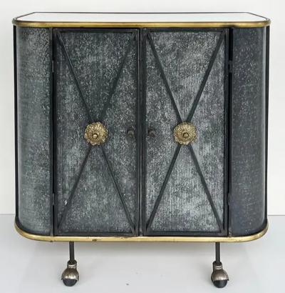 Vintage Neo classical Iron Brass Metal 2 door Cabinet or Dry Bar Glass Top