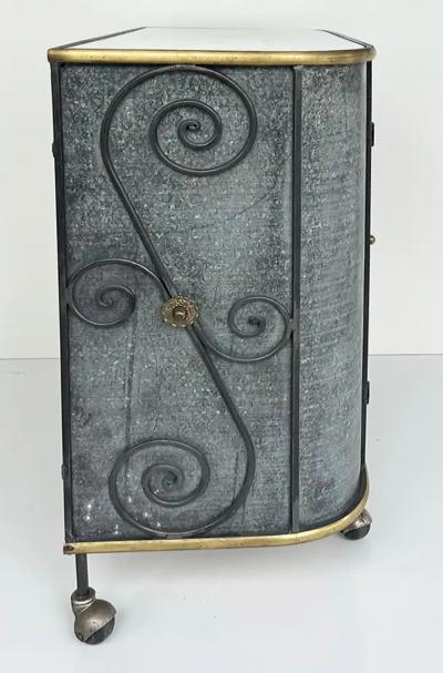 Vintage Neo classical Iron Brass Metal 2 door Cabinet or Dry Bar Glass Top