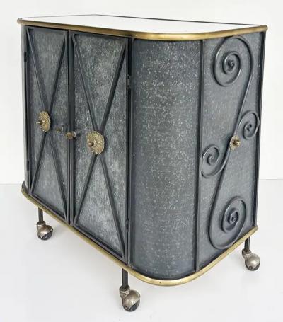 Vintage Neo classical Iron Brass Metal 2 door Cabinet or Dry Bar Glass Top