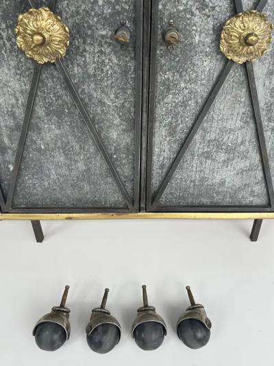 Vintage Neo classical Iron Brass Metal 2 door Cabinet or Dry Bar Glass Top