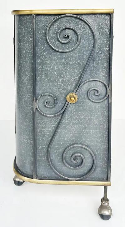 Vintage Neo classical Iron Brass Metal 2 door Cabinet or Dry Bar Glass Top