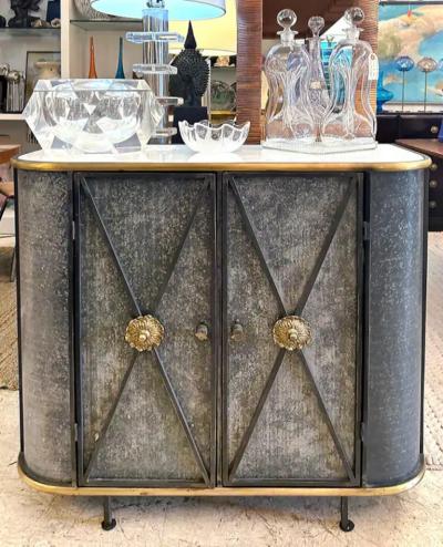 Vintage Neo classical Iron Brass Metal 2 door Cabinet or Dry Bar Glass Top