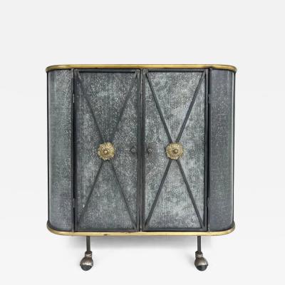 Vintage Neo classical Iron Brass Metal 2 door Cabinet or Dry Bar Glass Top