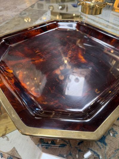 Vintage Octagonal Tortoiseshell Style Serving Tray with Brass Tone Rim