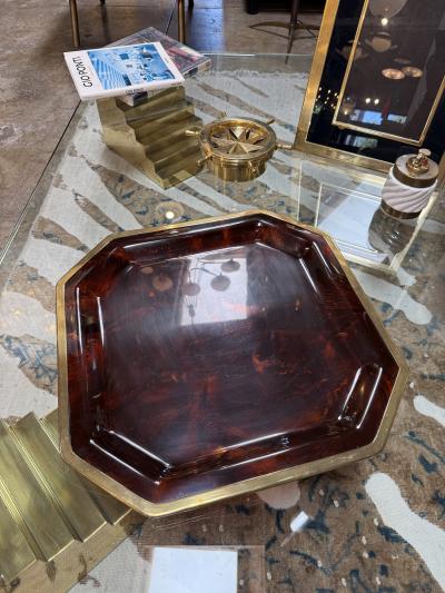 Vintage Octagonal Tortoiseshell Style Serving Tray with Brass Tone Rim