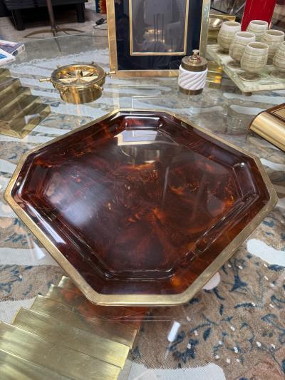 Vintage Octagonal Tortoiseshell Style Serving Tray with Brass Tone Rim
