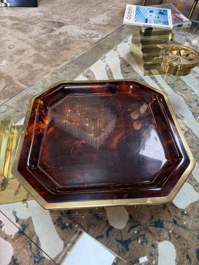 Vintage Octagonal Tortoiseshell Style Serving Tray with Brass Tone Rim