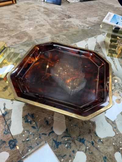 Vintage Octagonal Tortoiseshell Style Serving Tray with Brass Tone Rim