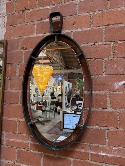 Vintage Oval Iron Frame Wall Mirror with Hanging Loop