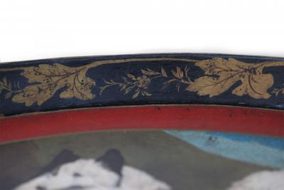 Vintage Oval Tole Fluffy Black and White Dog Portrait Serving Tray