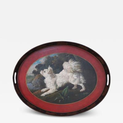 Vintage Oval Tole Fluffy White Dog Portrait Serving Tray