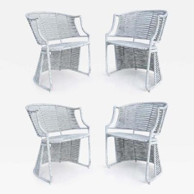 Vintage Painted Rush Wrapped Woven Armchairs with Metal Frames Set of 4