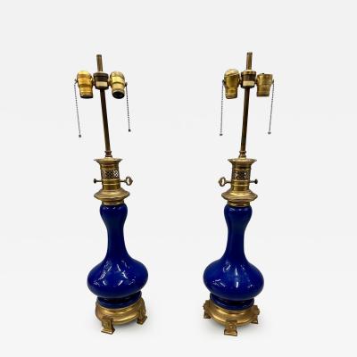 Vintage Pair of Cobalt Blue Warren Kessler Porcelain Table Lamps Brass Labeled