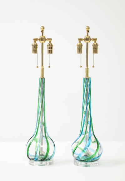Vintage Pair of Mid Century Murano Glass Aqua Ribbon Lamps on Lucite Bases 