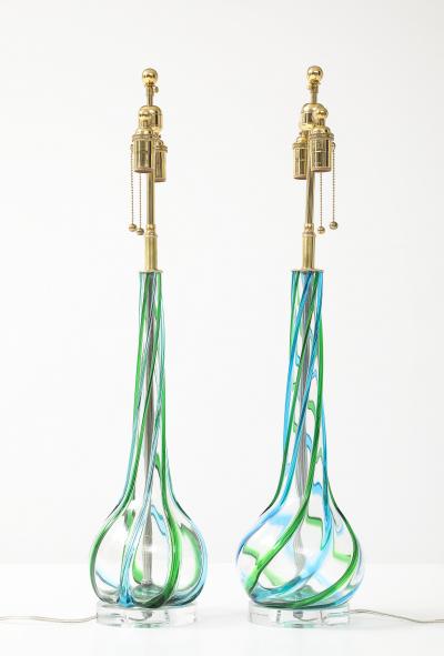 Vintage Pair of Mid Century Murano Glass Aqua Ribbon Lamps on Lucite Bases 