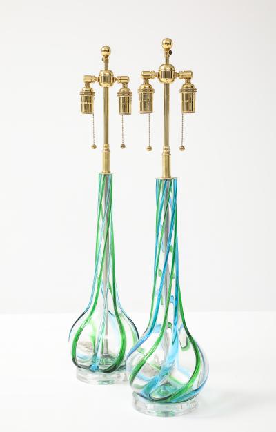 Vintage Pair of Mid Century Murano Glass Aqua Ribbon Lamps on Lucite Bases 