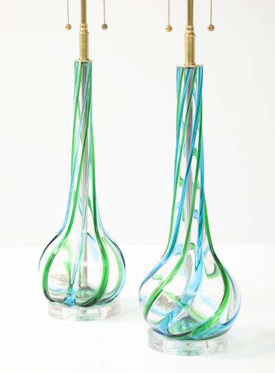 Vintage Pair of Mid Century Murano Glass Aqua Ribbon Lamps on Lucite Bases 