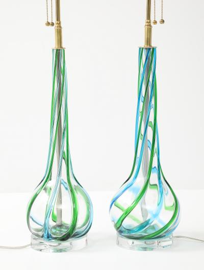 Vintage Pair of Mid Century Murano Glass Aqua Ribbon Lamps on Lucite Bases 